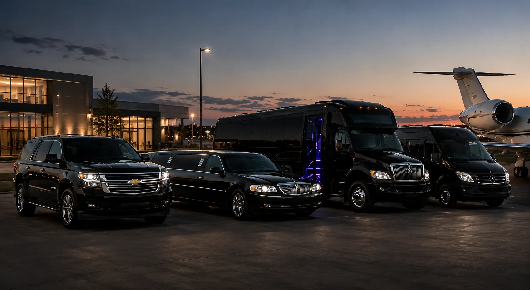 The B N Lux Ride fleet — luxury SUV, limousine, party bus and Sprinter at dusk