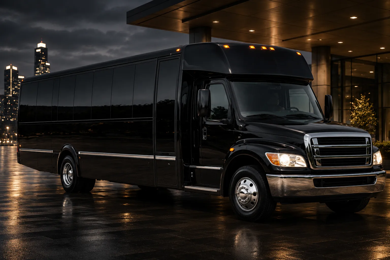 Black luxury party bus at night for group celebrations